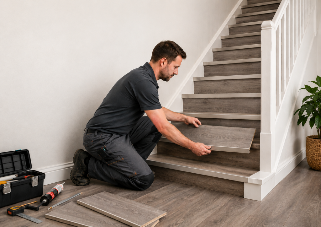 A man kneels on the floor, fitting a wooden stair tread onto a staircase with tools and a toolbox nearby.