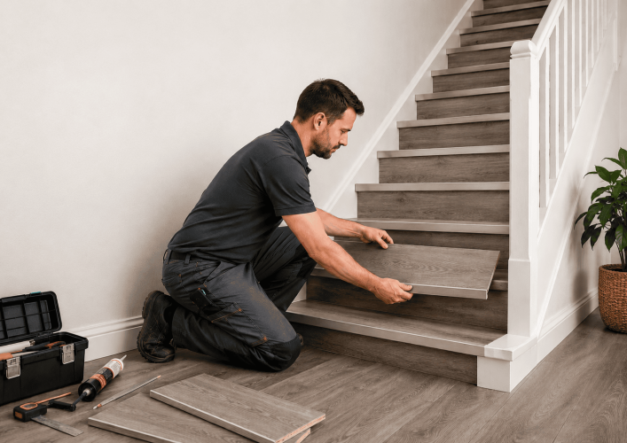 A man kneels on the floor, fitting a wooden stair tread onto a staircase with tools and a toolbox nearby.